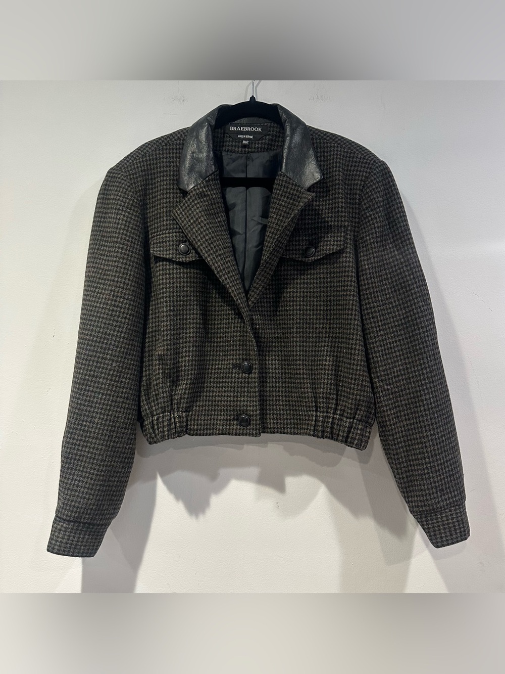 Braebrook Black/Green Houndstooth Leather-Collar Cropped Wool Jacket